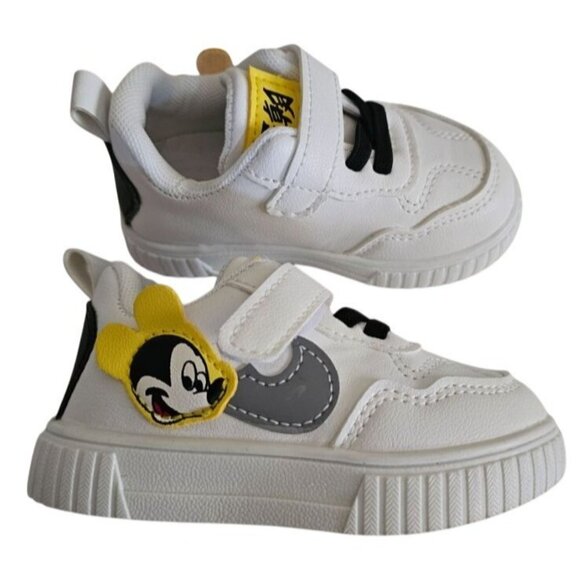 Fashion Unisex Kids White Gray Yellow Mickey Mouse Applique Sneakers Size 21 - Picture 2 of 11